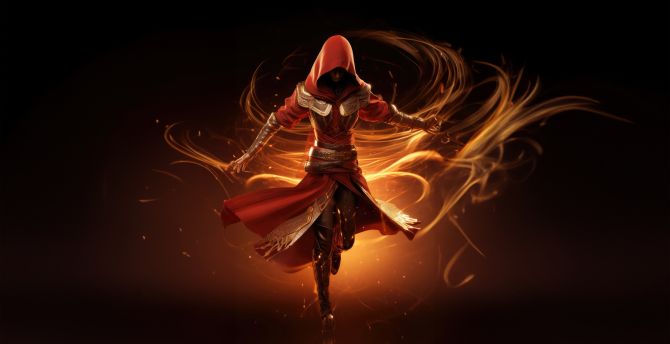 Assassin girl ignites the night with flames, art wallpaper