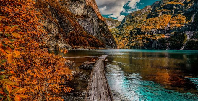 Autumn, wooden dock, lake, forest wallpaper