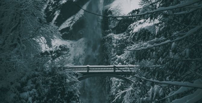 Winter, bridge, waterfall, snowfall wallpaper
