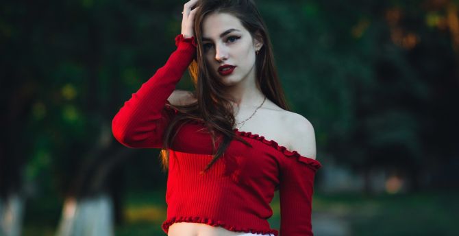 Girl model, red top, brunette, beautiful wallpaper