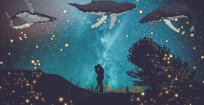 Fantasy, couple, hug, whale, fishes, digital art wallpaper