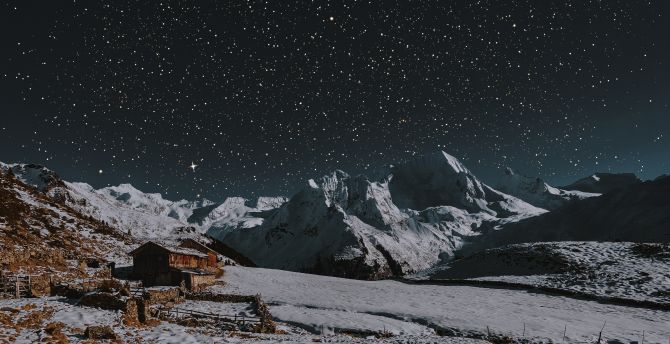 House, winter, landscape, mountains, night wallpaper