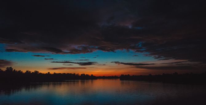Lake, clouds, sunset, dark wallpaper