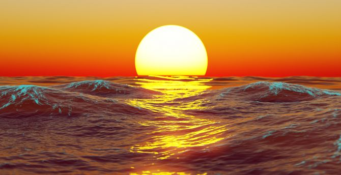 Seascape, sunset, sea surface, digital art wallpaper