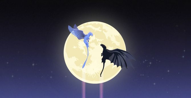 Toothless and light fury, dragons, moon, artwork wallpaper