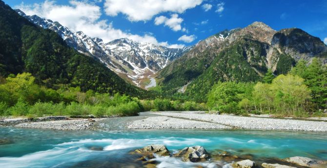 Kamikochi mountains, japan, River, outdoor, blue sky, sunny day wallpaper