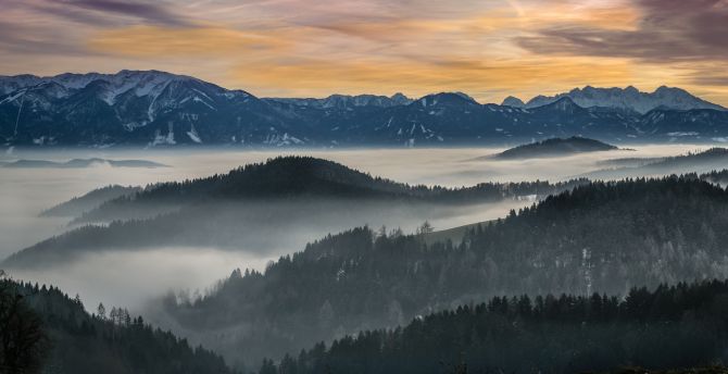 Landscape, horizon, sunrise, fog, nature wallpaper