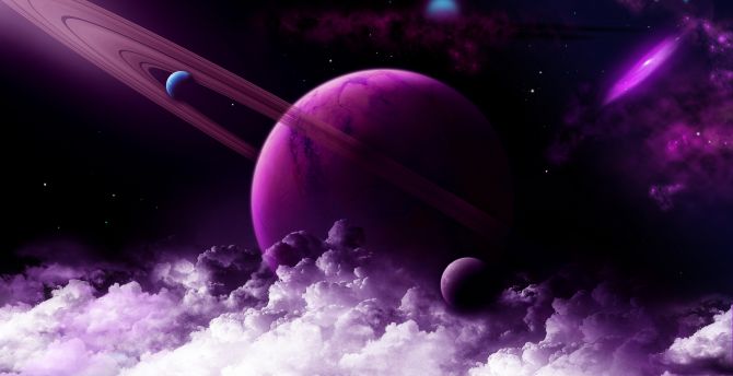 Planet ring, purple clouds, fantasy, space, art wallpaper