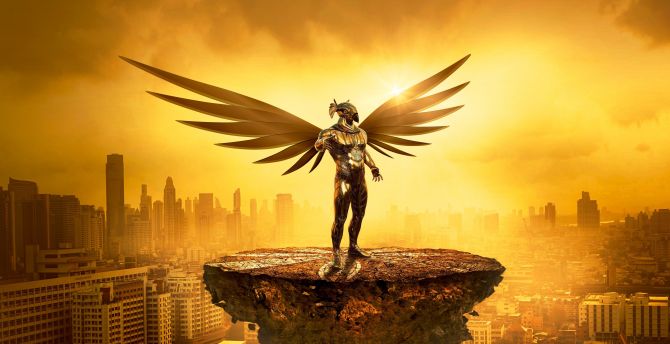 Fantasy, angel, golden, cityscape, digital art wallpaper