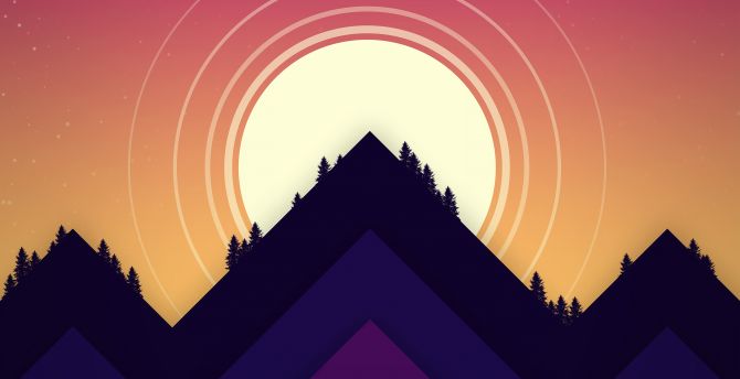 Minimal, sunset, mountains peak, minimal wallpaper