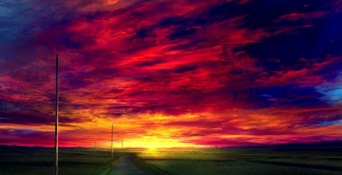 Sunset, road, landscape, anime, clouds wallpaper