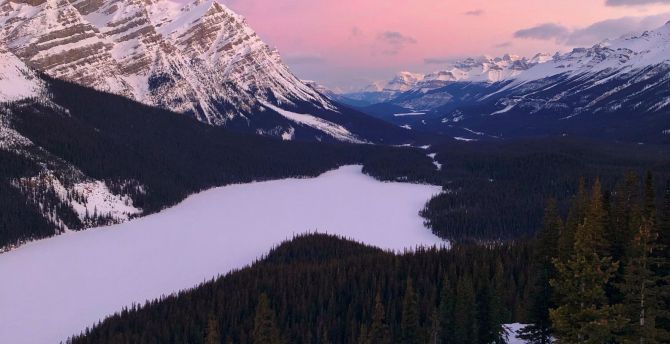 Lake, sunset, mountains, forest, Canada wallpaper