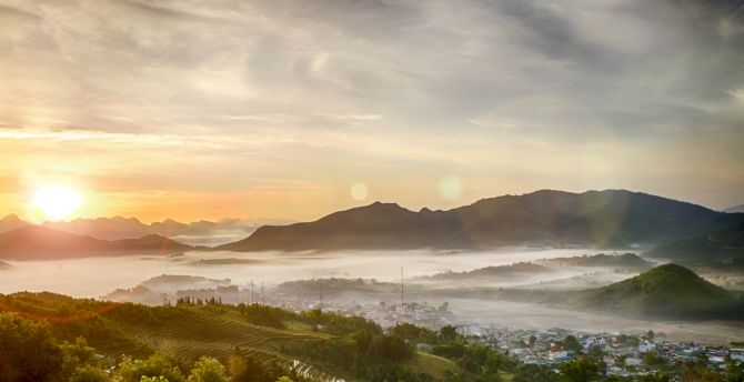 Sunrise, small city, town, fog, mountains, horizon, aerial view wallpaper