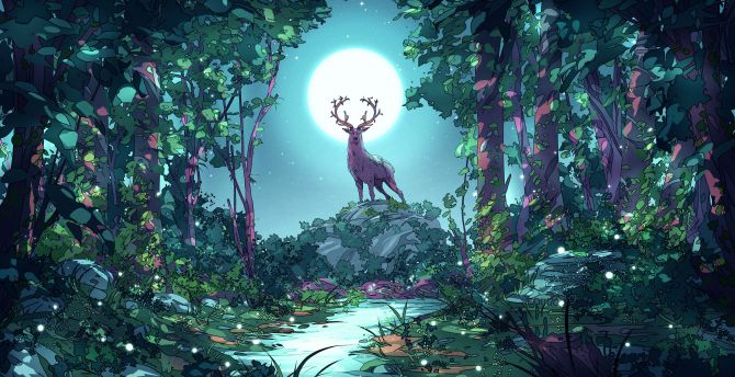 Deer at forest, moon night, art wallpaper