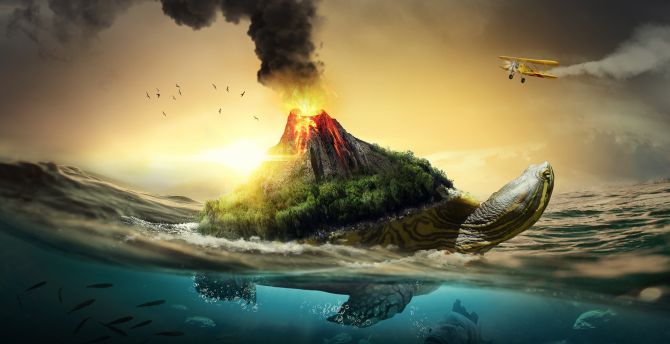 Volcano, turtle, fantasy, sea, art wallpaper