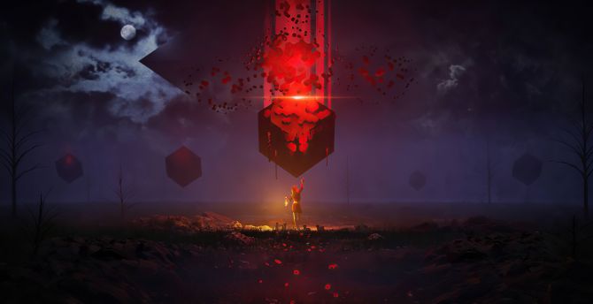 Red cube and woman, fantasy wallpaper