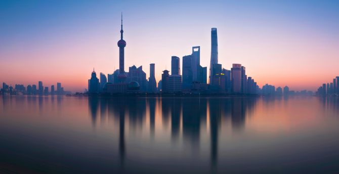 Shanghai, cityscape, buildings, reflections, sunset wallpaper