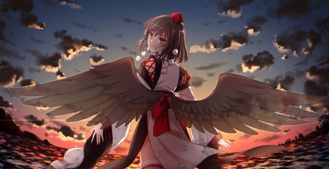 Aya Shameimaru, sunset, cute, wings, anime girl wallpaper