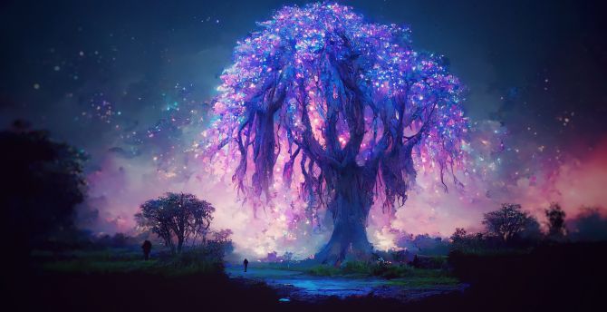 Đêm, cây violet, hình nền tưởng tượng
