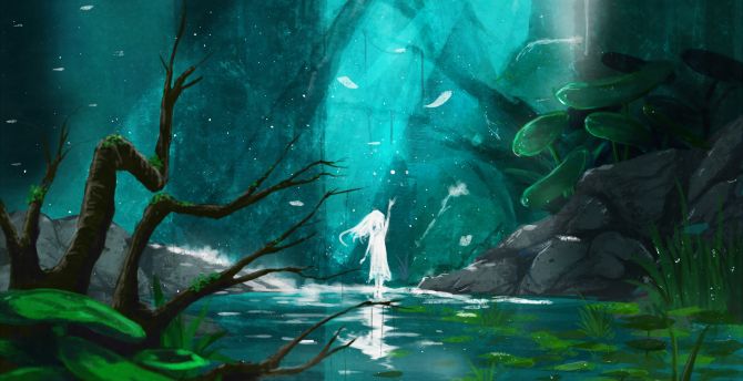 Lake, spirit, anime girl, original, fantasy wallpaper