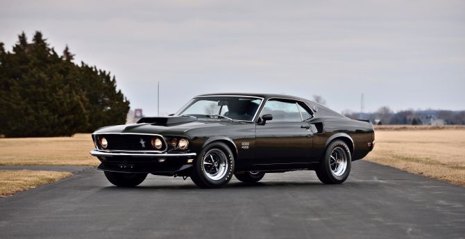 On road, 1969 Ford Mustang Boss 429, black, muscle car wallpaper