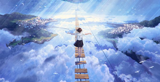 Anime girl walking on dream bridge, clouds, artwork wallpaper