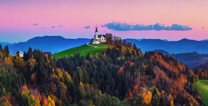 Castle, hill, forest, nature, art wallpaper
