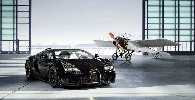 Bugatti Veyron 16.4 Grand Sport Vitesse, black bess, aircraft, 4k wallpaper
