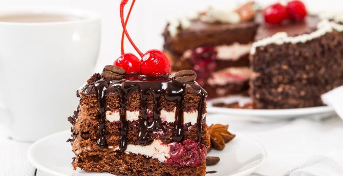 Cake, food, slice, dessert, cherry wallpaper