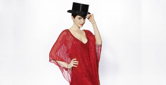 Black hat, Anne Hathaway, red dress wallpaper