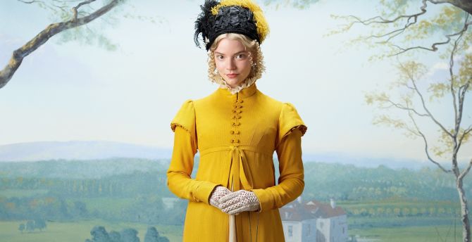 Pretty celebrity, Anya Taylor-Joy in yellow dress, Emma, movie wallpaper