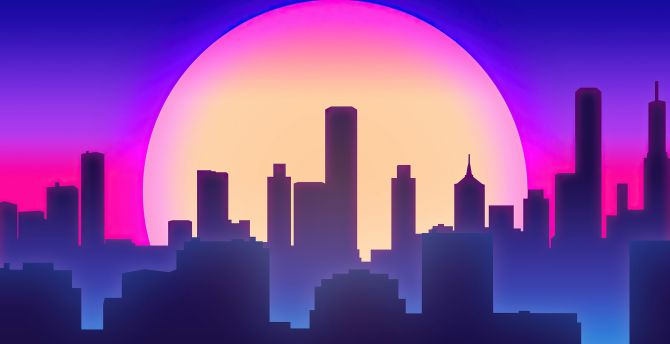 City vibes, synthwave, big moon, silhouette wallpaper