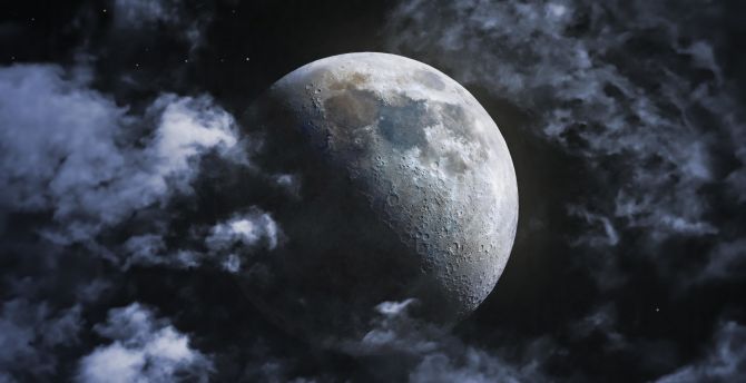 Telescopic view, moon, space, clouds wallpaper