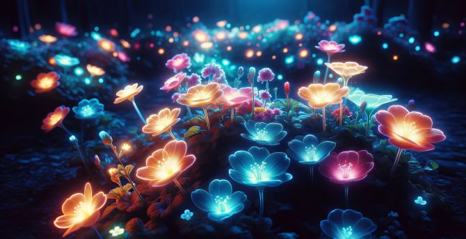 Glowing flowers, digital art, flowers wallpaper