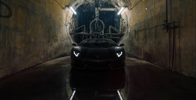 Black, Lamborghini Aventador, tunnel wallpaper