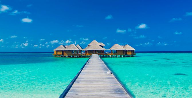 Sunny day, wooden dock, pier, blue sky, villas, beach wallpaper