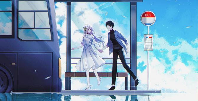 Please stop!, anime, original, bus-stop, art wallpaper