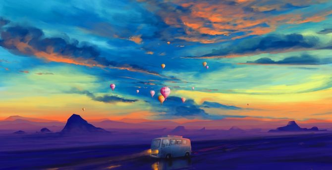 Sunset, outdoor, van and hot air balloons, artwork wallpaper