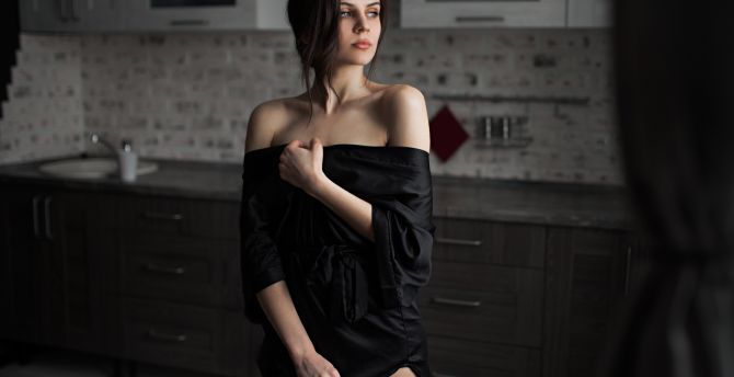 Gorgeous, woman model, black dress, indoor wallpaper