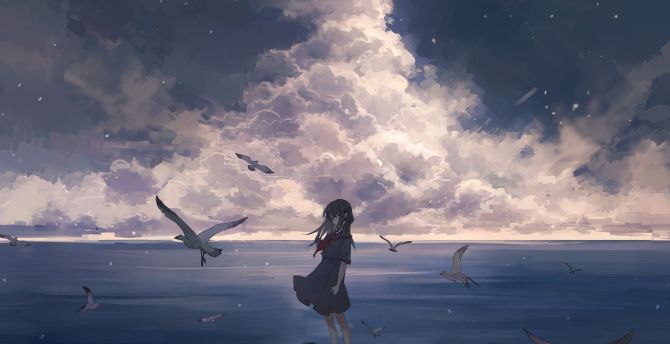 Birds and anime girl, seascape wallpaper