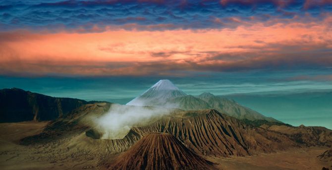 Volcano, mountains, Landscape, clouds, sunset wallpaper