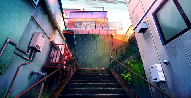 Town, apartments, city, stair, anime wallpaper