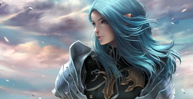 Blur hair, girl warrior, fantasy, art wallpaper