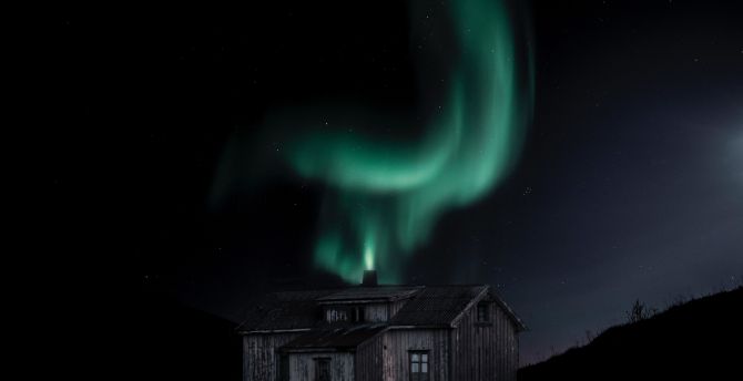Hut, northern lights, night wallpaper
