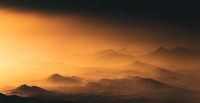 Mist, horizon, nature, mountains, orange sky wallpaper