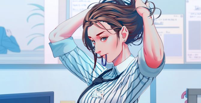 Office, anime girl, adjusting hairs, art wallpaper