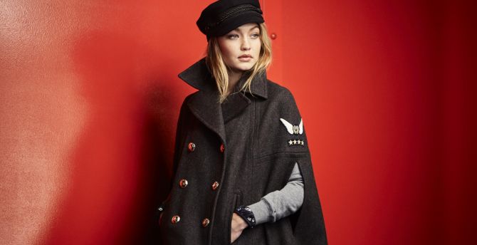 Gigi Hadid, black cap and coat, 2019 wallpaper