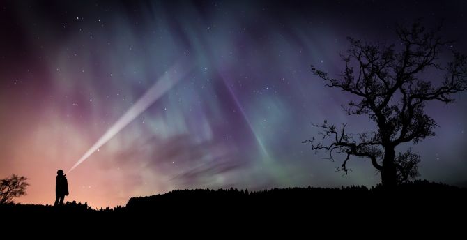 Northern lights, man with torch, sky, silhouette wallpaper