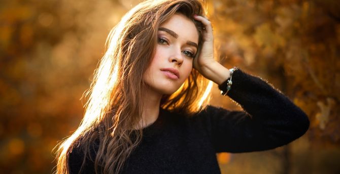 Portrait, girl model, outdoor, autumn wallpaper