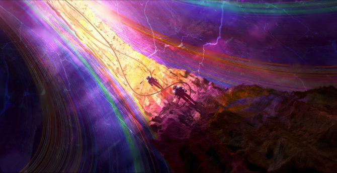 Colorful waves, road to space, astronaut's exploration wallpaper